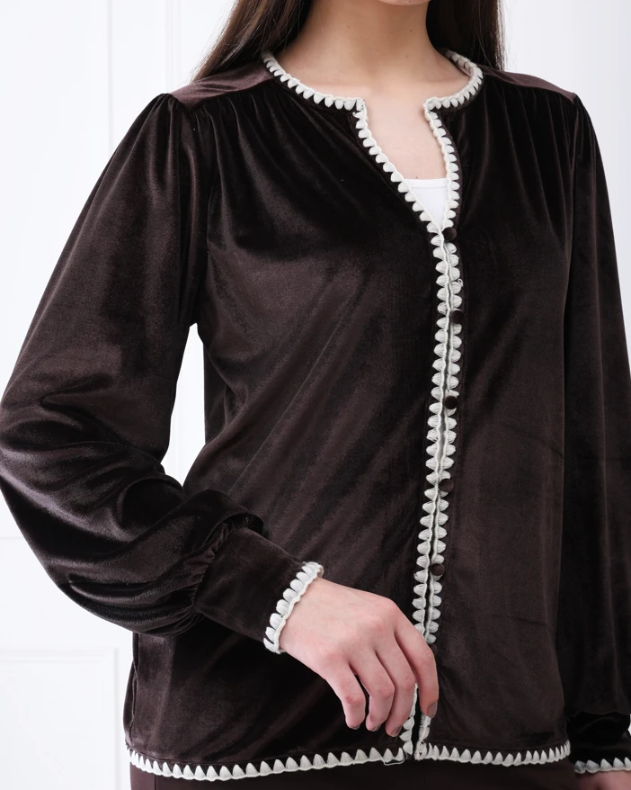 Chocolate velvet jacket with crochet trim, ECOVERA viscose