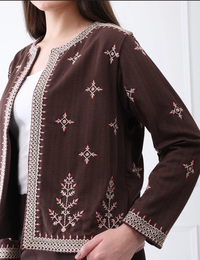 Geometric floral-embroidered jacket, exclusive manufacturing partnership in Delhi/NCR