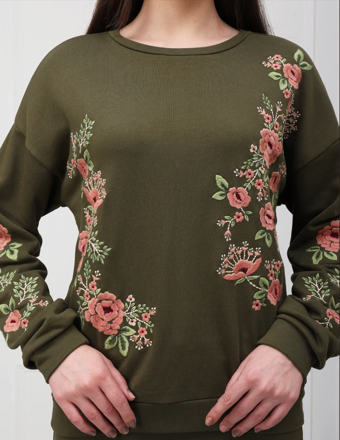 Olive floral-embroidered sweatshirt, certified manufacturing compliance standards